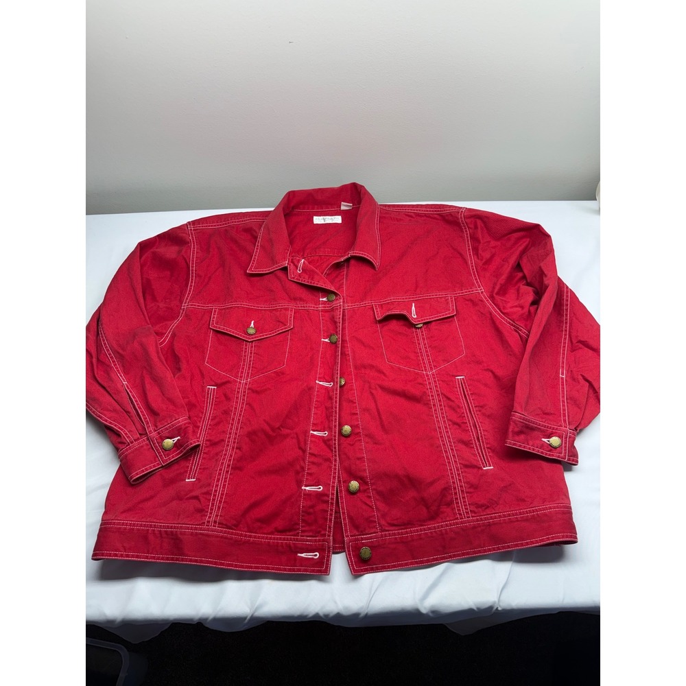 Elizabeth Vintage Red Denim Jacket White Contrast Stitch Plus Size Trucker Coat
